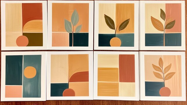 Collection nine square paintings arranged grid rows six boho natural landscape artwork