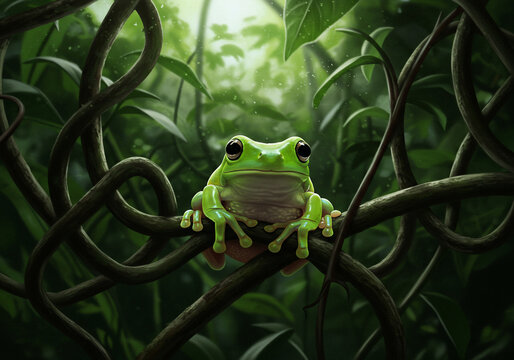 A bright green tree frog sits perched on winding vines in a lush, tropical forest, gazing directly at the viewer.