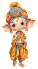 Watercolor cute doll of ganesha god of hindu hinduism wearing yellow clothes cartoon clip art illustration