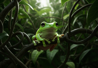 A vibrant green tree frog sits perched on a winding branch, surrounded by lush green foliage, bathed in soft sunlight.