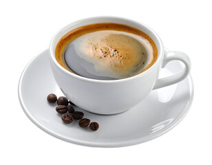 A steaming cup of freshly brewed coffee with a few coffee beans on a saucer, highlighting the rich aroma and inviting appearance