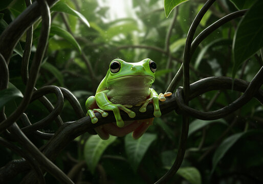 A vibrant green tree frog sits perched on a winding branch, surrounded by lush green foliage, bathed in soft sunlight. - Powered by Adobe