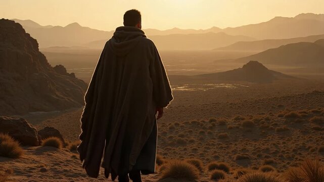 Mystical Prophet Figure in Sheepskin Cloak Contemplating the Vast Wilderness, A Religious and Spiritual Journey Through the Desert Landscape in 4K