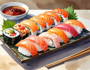 Watercolor depiction of assorted sushi rolls and nigiri with soy sauce and chopsticks