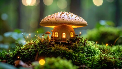 Magical Mushroom House in Forest with Fantasy Illustration.