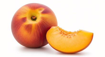 Whole ripe nectarine with a slice isolated on white background