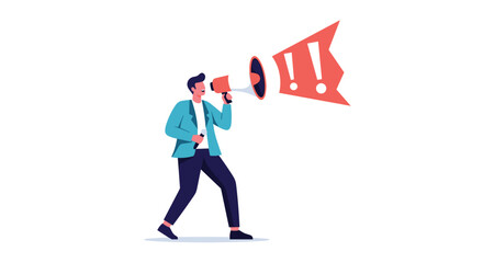 Obraz premium Man shouting through a megaphone with exclamation marks conveying a message or announcement.