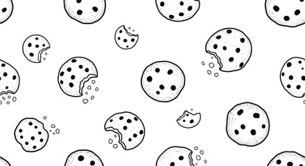 Seamless pattern of hand-drawn chocolate chip cookies, some bitten, on a white background.