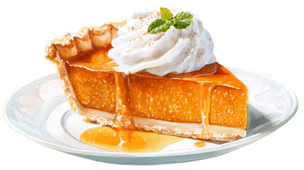 Watercolor homemade slice of pumpkin pie topped with whipped cream in white plate clip art illustration 