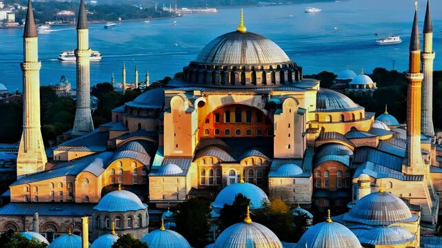 4K Ultra-Realistic Cinematic Hagia Sophia Golden Hour View with Dome, Minarets, and Bosphorus Background