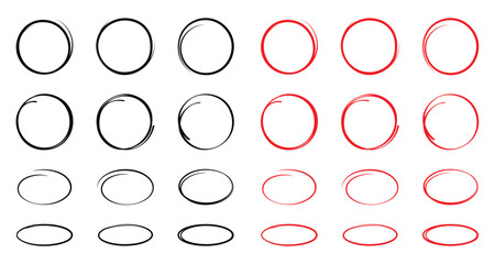 Circle frame set. Round frame set. Geometric line circle design frames. Round shape borders. Hand drawing circle line sketch set.
