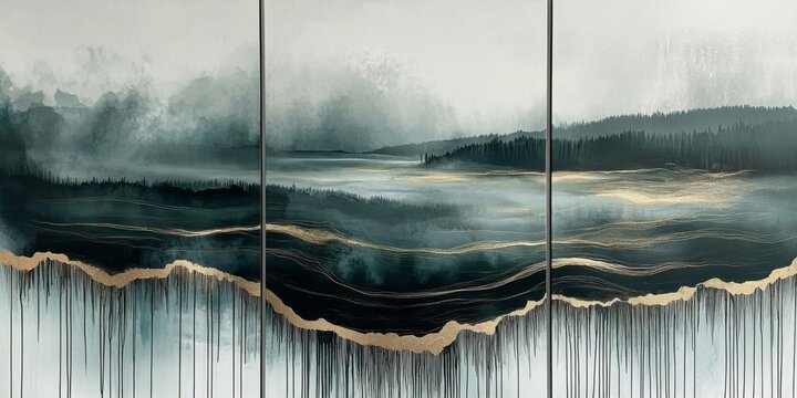 Triptych three abstract paintings hanging wall are arranged background