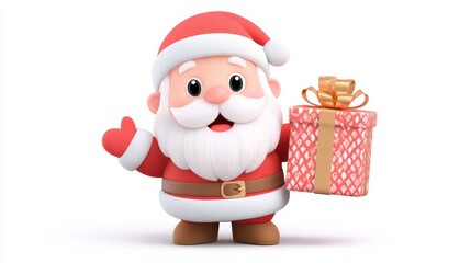 Fototapeta premium Cheerful Santa Claus With Gift Box Giving Thumbs Up White Background Holiday Season Celebration