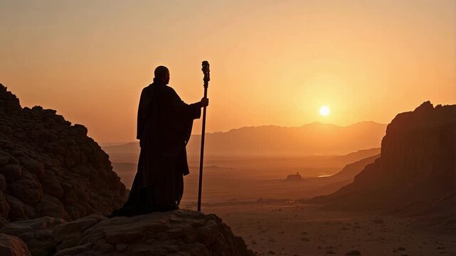 Mystical Silhouette of a Prophet Contemplating the Dead Sea Scrolls Region - Religious Inspiration and Ancient History in Stunning 4K Video
