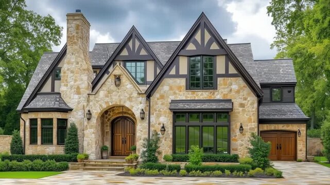 Elegant stone Tudor-style house with lush landscaping.