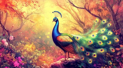 Fototapeta premium Digital illustration peacock beautiful garden standing rock its