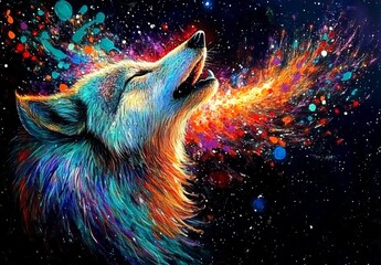 Obraz premium Digital painting wolf howling night sky head illustration of smiley face