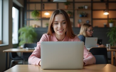 Focused young woman working on laptop in a modern coworking space. Freelance and entrepreneurship concept. Design for digital nomad lifestyle, remote work, and business startup. High quality