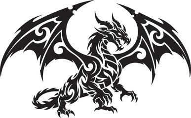 Fierce Crouching Tribal Dragon Vector Stencil