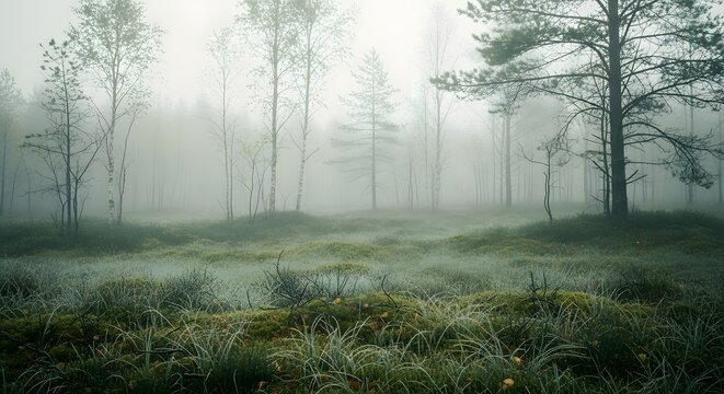 A misty morning scene with trees and ground cover in a forest with dense fog obscuring the background