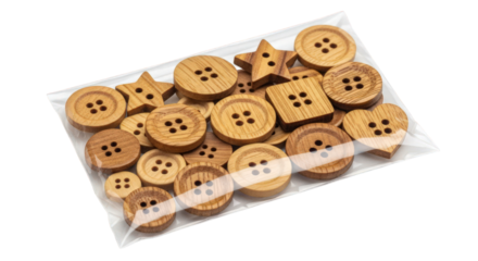 Wooden sewing buttons in assorted shapes isolated on transparent background