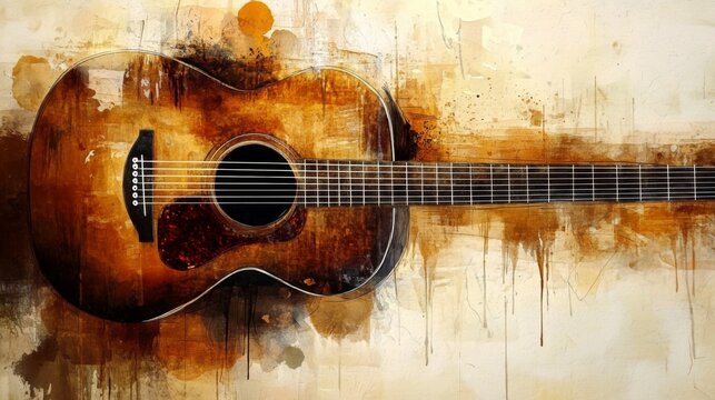 Abstract digital art piece that features acoustic guitar vintage watercolor illustration grungy