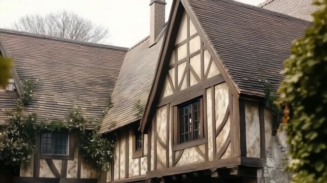 Charming Tudor-style house with timber framing and ivy-covered walls.