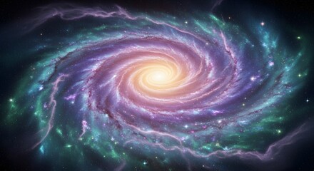 A vibrant spiral galaxy with swirling arms of purple and green against a dark starry backdrop
