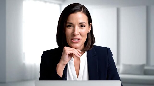 Portrait of a woman, in suit, looking at the camera, with hand under her chin, modern room
