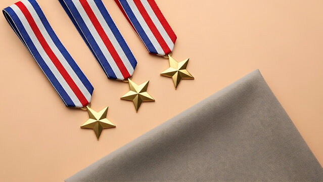 Golden stars with red, white and blue ribbons on a pale orange background, with fabric sample