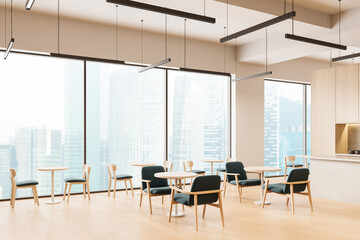 Modern interior design of a bright cafeteria with minimalist furniture and large windows overlooking city skyscrapers, clean and stylish atmosphere. 3D Rendering