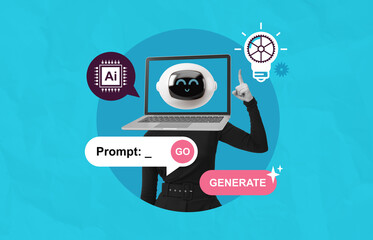 Creative AI chatbot concept with robot face on laptop screen and tech icons on bright blue background representing innovation and prompt generation.