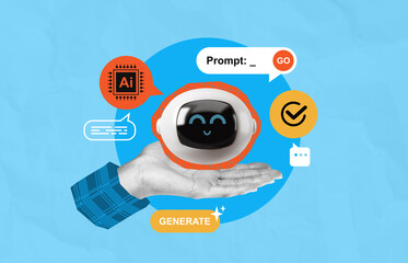 Futuristic AI chatbot concept held in human hand with speech bubbles and tech icons on blue abstract background in creative digital collage style.