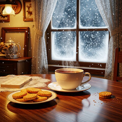Cozy Winter Scene A Cup of Hot Tea and Cookies by a Snowing Window