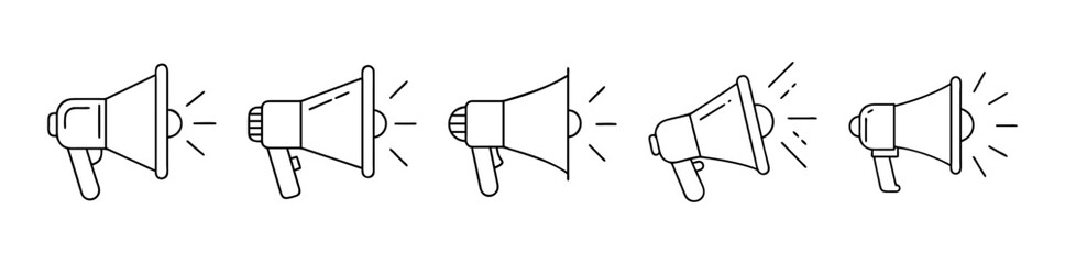 Outline megaphone icon set with sound waves for communication.