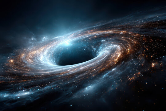 Galactic whirlpool showcasing a luminous black hole amidst vibrant cosmic phenomena
