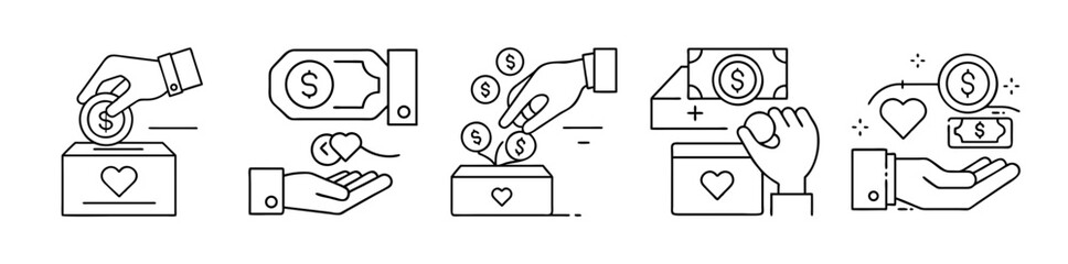 Donation and charity line icons set. giving money and support.