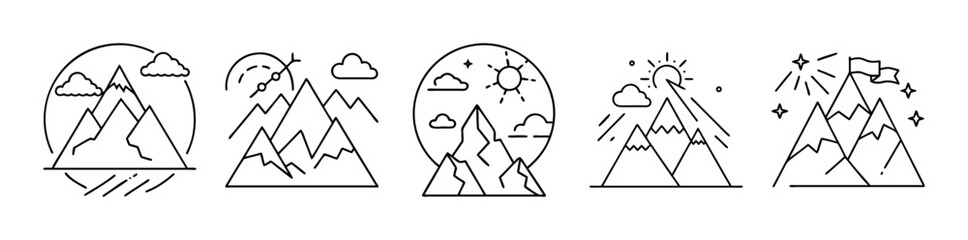 Fototapeta premium Mountain landscape vector line icons set for nature and achievement