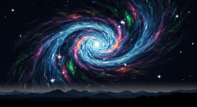 A vibrant galaxy with swirling nebula and distant mountains under a starry sky landscape view - Powered by Adobe