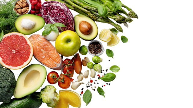 Healthy food background featuring fresh colorful natural ingredients arranged in vibrant nutritious layout for clean eating isolated on white background
