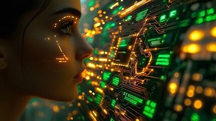 Woman's face interacting with a futuristic glowing digital circuit board interface, highlighting AI and data technology connection.