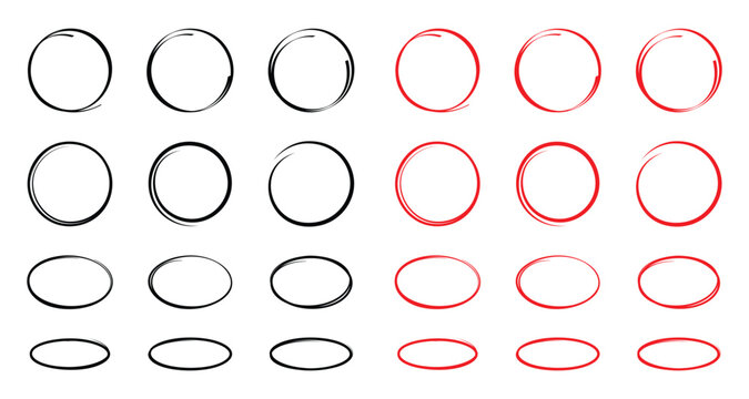 Hand drawn black and red circles and ovals set. Ellipses in red pencil doodle style. Round freehand shapes, emphasis highlights. Red round rough thin frames.