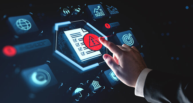 Cybersecurity risk warning concept with businessman touching digital alert icon on virtual checklist interface on dark background with tech symbols.