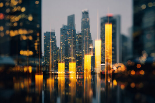 Golden data bars rising over futuristic city skyline, representing digital finance, growth, analytics, and innovation concept.