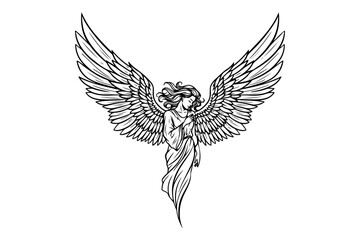 Obraz premium A beautifully detailed hand-drawn sketch of a celestial guardian angel with magnificent wings, a divine female figure in a flowing gown isolated on white