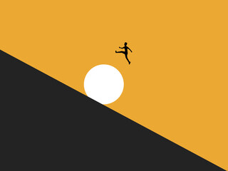 businessman jumps to avoid a rock rolling down the mountain