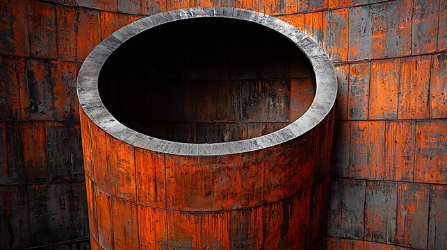 Abstract view of a large, rusted orange industrial pipe structure with textured walls and a dark circular opening