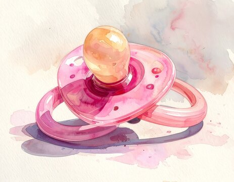 Watercolor illustration of a baby's pink pacifier with soft shading and delicate details