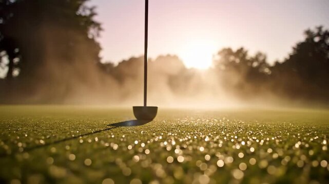 Golf course green with flagstick and sparkling dew drops in misty morning sunlight