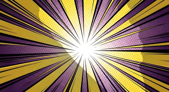 Bright comic book style background with yellow and purple radial lines radiating from a central point